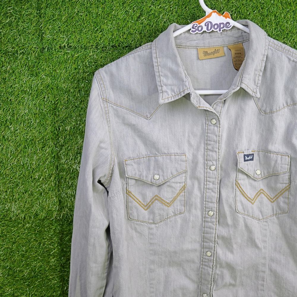 Wrangler Western Snap Shirt Gray Denim Pearl Snap Yoke - Womens Size M